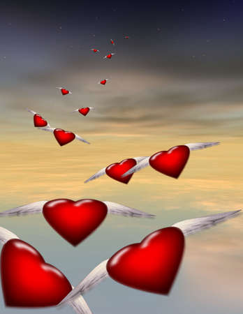 Winged hearts in flightの写真素材