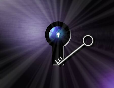 Striking image of earth thru a keyhole and a silver keyの写真素材