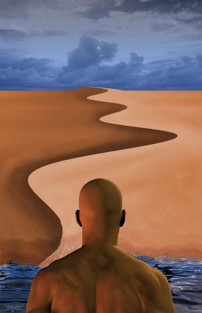 Man emerging from water in desertの写真素材