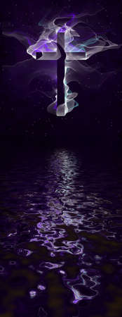 Cross against stars with reflectionの写真素材