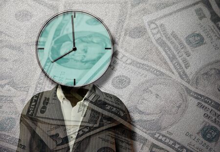 Clock headed man and moneyの写真素材