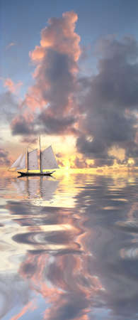 Sail boat and beautiful sunsetの写真素材