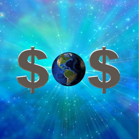 Dollar sign and earth create SOS symbolの写真素材