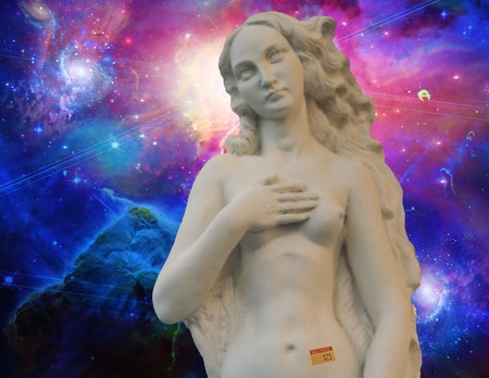 Venus with pricetag and nebulous starry background の写真素材