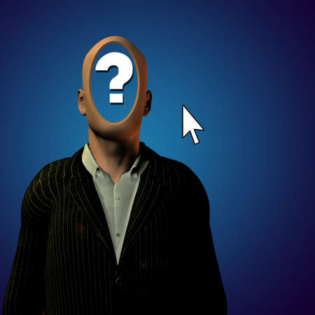 Man with question and computer pointerの写真素材