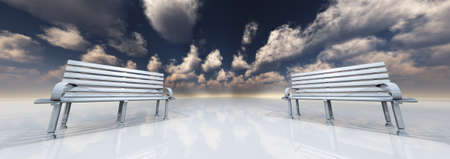 Park bench in minimal landscapeの写真素材