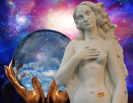 Venus has price tag with nebulous starry background and crystal sphereの写真素材