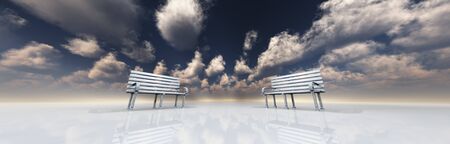 Park bench in minimal landscapeの写真素材