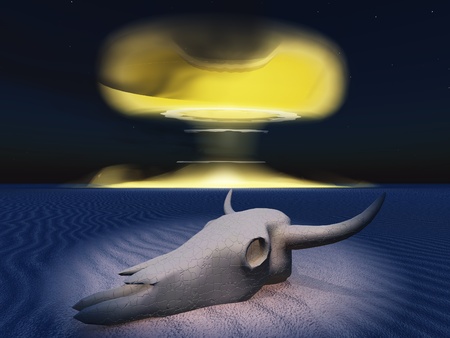 cow skull and nuclear explosion in desertの写真素材