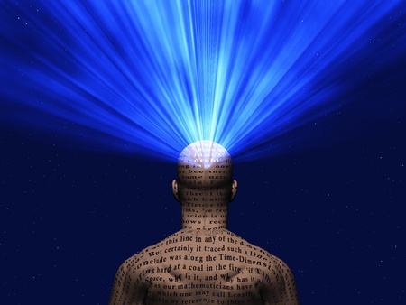 Man covered in text with light radiating from mindの写真素材
