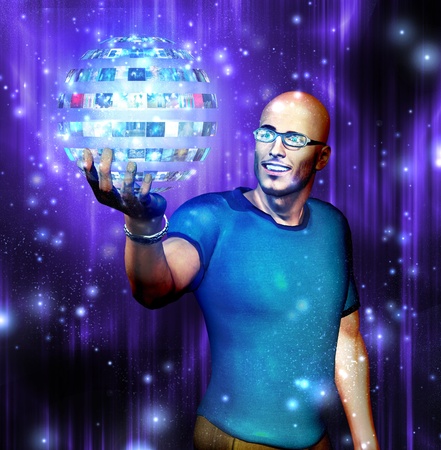 Man gazes into video sphere he is holdingの写真素材