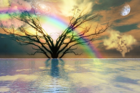 Faces in the clouds and landscapeの写真素材