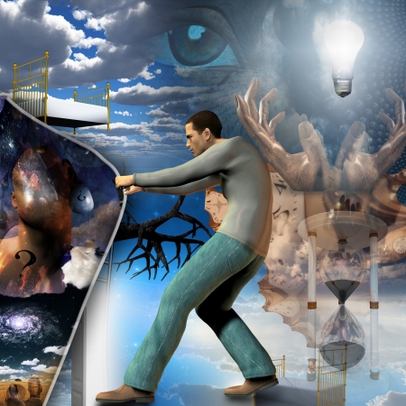 Man pulls back curtain of realityの写真素材