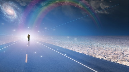 Man bathed in light and roadwayの写真素材