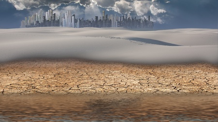 City in desert distance with water