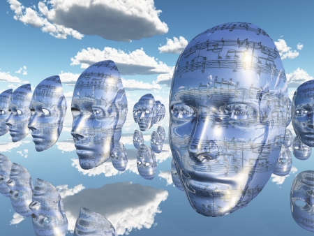 Floating cloned faces covered with musical notationsの写真素材