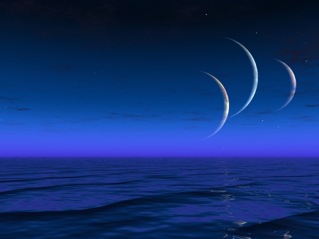 Alien worlds planets rise over liquid oceanの写真素材