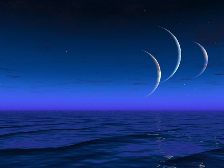 Alien worlds planets rise over liquid ocean