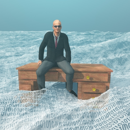 Businessman on desk afloat on binary oceanの写真素材