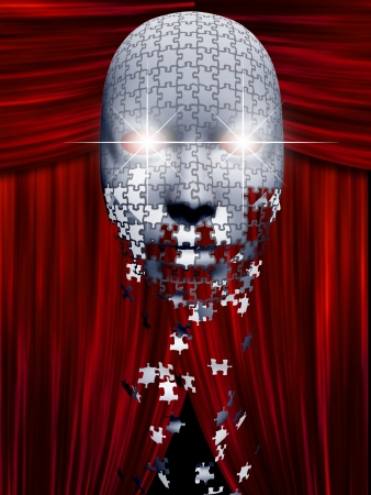 Puzzle pieces fall away from mask in theater backgropundの写真素材