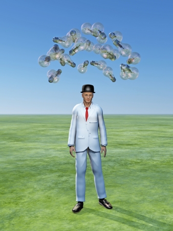 Man with ideas above him in the form of classic light bulbsの写真素材