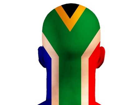 Mans bald head covered with South Africas flagの写真素材