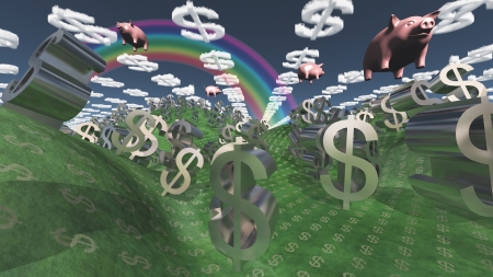Money success fantasy landscape with floatin pigs