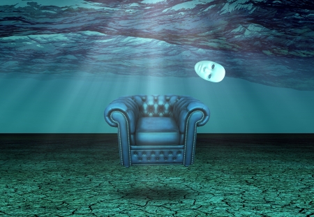 White Mask and armchair floats in underwater desert の写真素材
