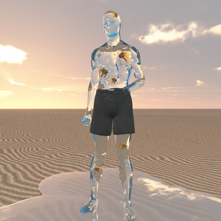 Liquid man in desert with goldfish swimming in his bodyの写真素材