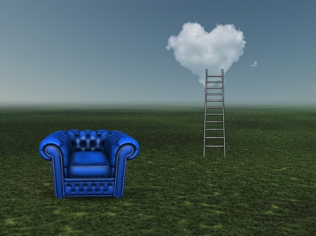 Ladder to heart shaped cloud with empty chairの写真素材