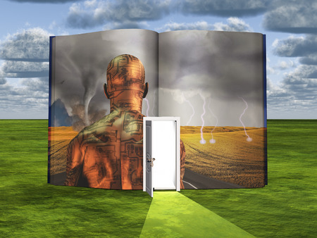 Book with science fiction scene and open doorway of lightの写真素材