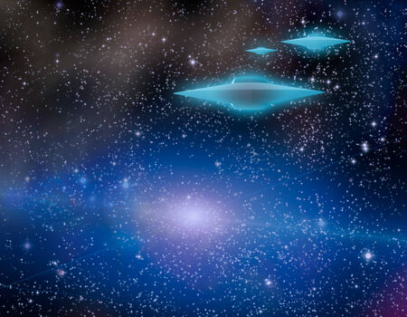 Alien ships clothed in plasma travel through spaceの写真素材
