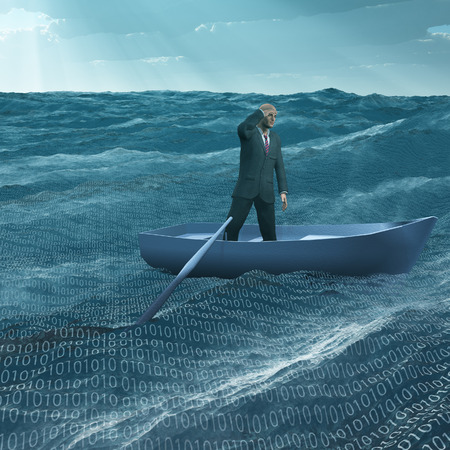 Man Adrift in tiny baot in binary ocean