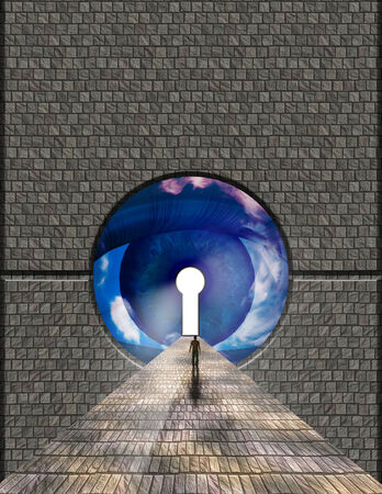 Man ventures toward large eye keyholeの写真素材