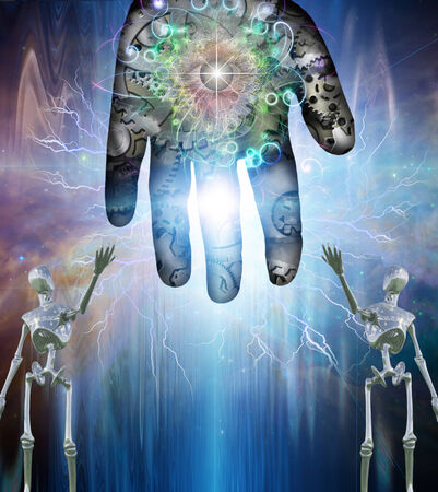 Robotic figures show gear handの写真素材