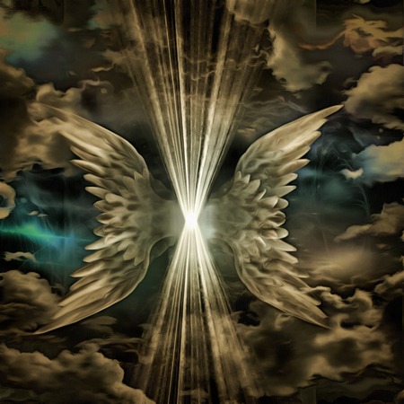 winged being of light in cloudsの写真素材