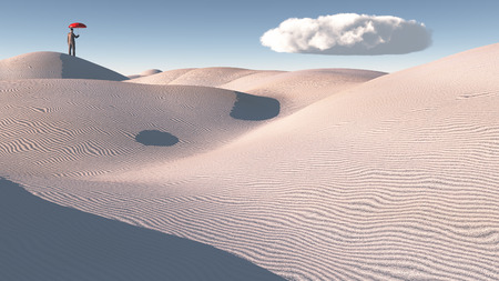 Man in distance with umbrella in single cloud desertの写真素材