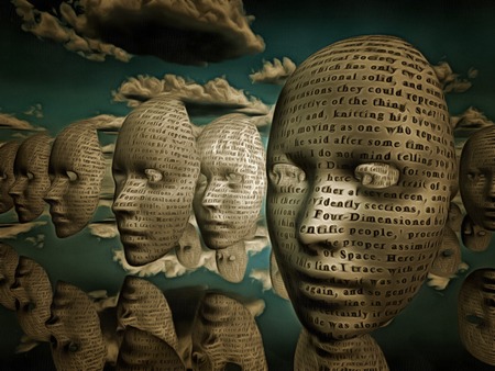 Faces of text hover in surreal space Text is from HG wells the time machine band is in the public domainの写真素材