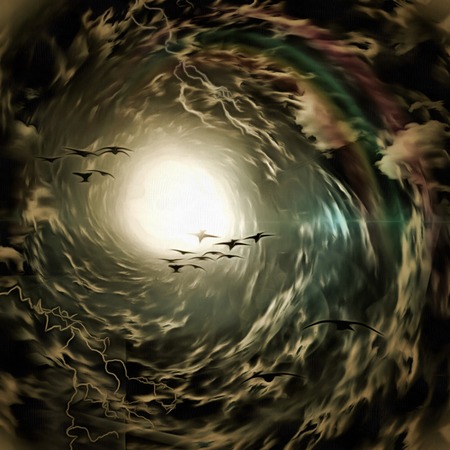 Tunnel of clouds with birds