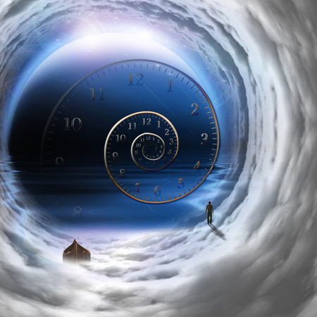Man with boat in time tunnel abstract backgroundの写真素材