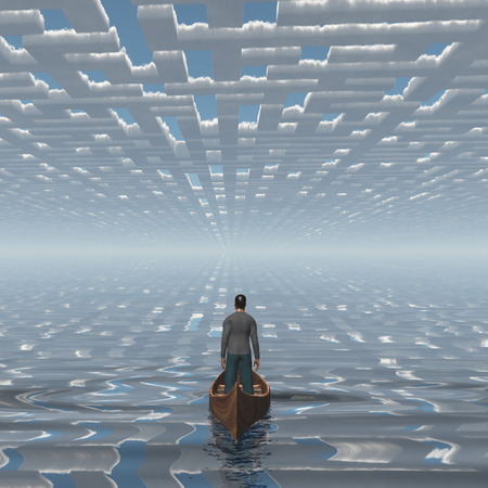 Man in boat floating under the maze of cloudsの写真素材