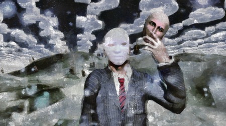 Man removes face to reveal maskの写真素材