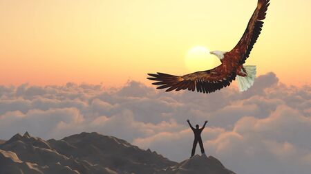 Man meets sunrise. Eagle flies.