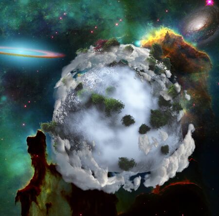 Abstract exoplanet. Nebulae, stars, galaxies. Vivid colors.