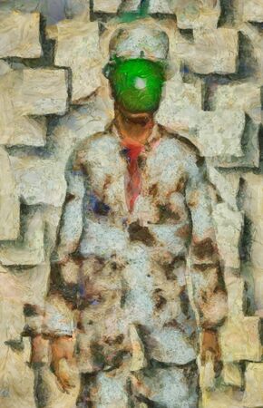 Surreal painting. Man in suit and bowler with green apple instead of his face. Rene Magritte style.