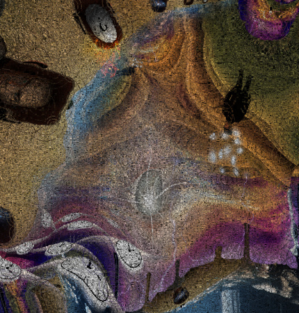 Surreal painting. God's eye, men's heads with different thoughts. Winged clocks represents flow of...