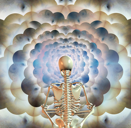 Skeleton sits in pose of lotus before multi-layered spaces.の写真素材