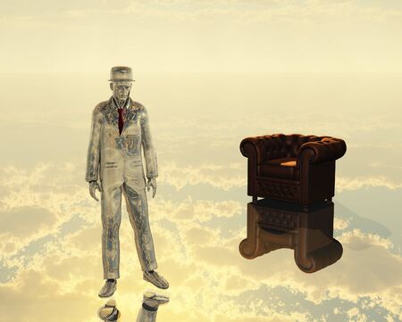 3d render. Silver man in a suit, armchair in the sky.の写真素材