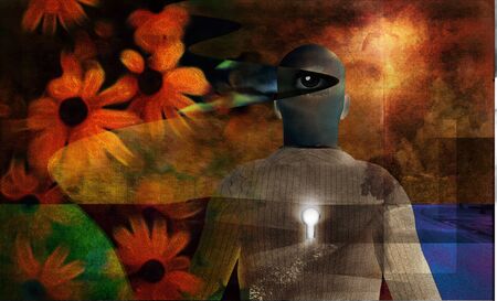 Men figure with eye and keyholeの写真素材