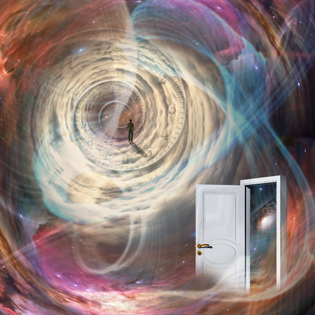 The white door, man in a space tunnel